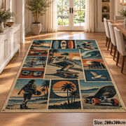 Coastal Skateboarding Collage Area Rug in Teal and Sand — dining room setting