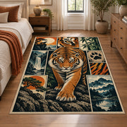 Tiger Wildlife Collage Area Rug with Paw Prints and River Scenes — bedroom setting