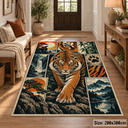 Tiger Wildlife Collage Area Rug with Paw Prints and River Scenes — entryway setting