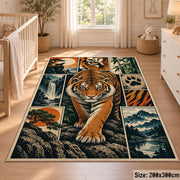 Tiger Wildlife Collage Area Rug with Paw Prints and River Scenes — nursery setting