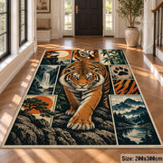 Tiger Wildlife Collage Area Rug with Paw Prints and River Scenes — hallway setting