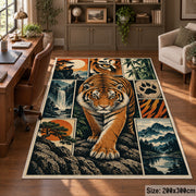 Tiger Wildlife Collage Area Rug with Paw Prints and River Scenes — home office setting