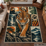 Tiger Wildlife Collage Area Rug with Paw Prints and River Scenes — living room setting