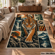 Tiger Wildlife Collage Area Rug with Paw Prints and River Scenes — sofa seating area setting
