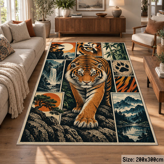 Tiger Wildlife Collage Area Rug with Paw Prints and River Scenes — sofa seating area setting