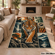 Tiger Wildlife Collage Area Rug with Paw Prints and River Scenes — fireplace area setting