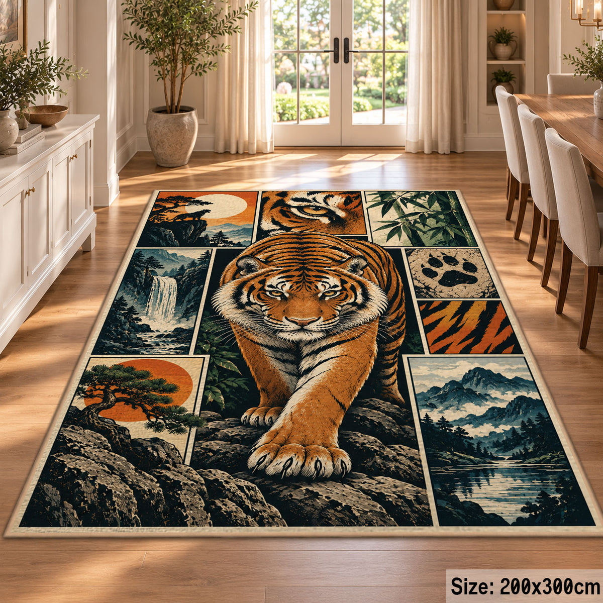 Tiger Wildlife Collage Area Rug with Paw Prints and River Scenes — dining room setting