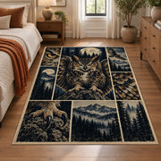 Owl Forest Collage Area Rug with Mountain and Feather Details — bedroom setting