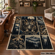 Owl Forest Collage Area Rug with Mountain and Feather Details — home office setting