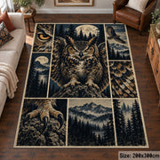 Owl Forest Collage Area Rug with Mountain and Feather Details — living room setting