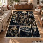 Owl Forest Collage Area Rug with Mountain and Feather Details — sofa seating area setting