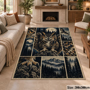 Owl Forest Collage Area Rug with Mountain and Feather Details — fireplace area setting