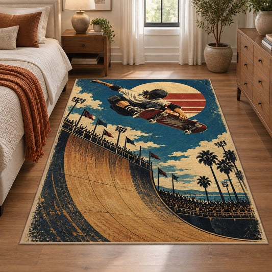 Halfpipe Skateboarding Area Rug with Sunset — bedroom setting