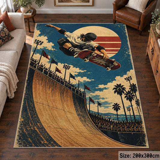 Halfpipe Skateboarding Area Rug with Sunset — living room setting