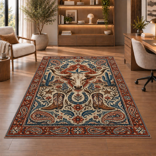 Longhorn Skull Paisley Rug shown beside a lounge chair and wooden shelving