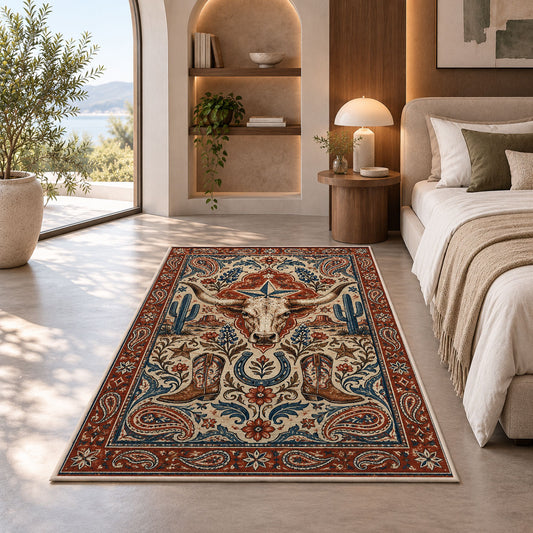 Longhorn Skull Paisley Rug shown in a bedroom by a garden window