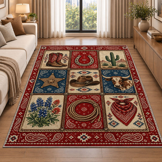 Western Patchwork Rug shown beside a sofa in a bright living room