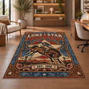 Retro Bucking Horse Rodeo Rug shown beside a lounge chair and wooden shelving