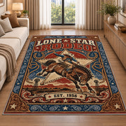 Retro Bucking Horse Rodeo Rug shown beside a sofa in a bright living room