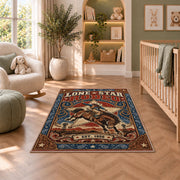 Retro Bucking Horse Rodeo Rug shown in a nursery with a cot and soft toys