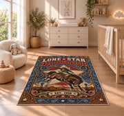 Retro Bucking Horse Rodeo Rug shown in a sunlit nursery beside a white cot