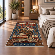 Retro Bucking Horse Rodeo Rug shown beside a bed with neutral bedding