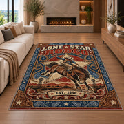 Retro Bucking Horse Rodeo Rug shown in a living room with a fireplace