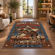 Retro Bucking Horse Rodeo Rug shown near large windows and a sofa