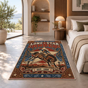 Retro Bucking Horse Rodeo Rug shown in a bedroom by a garden window
