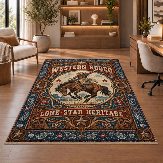 Western Rodeo Heritage Rug shown beside a lounge chair and wooden shelving