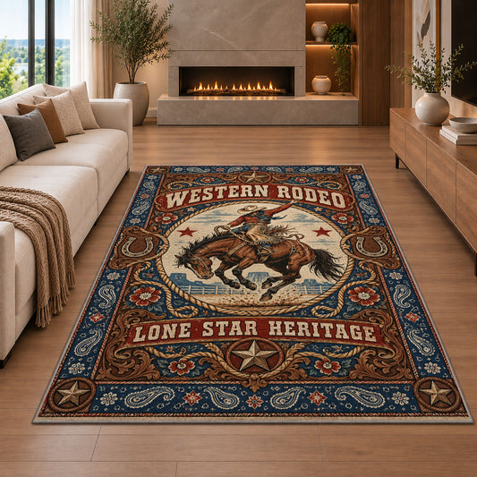 Western Rodeo Heritage Rug shown in a living room with a fireplace