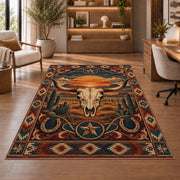 Desert Sunset Skull Rug shown beside a lounge chair and wooden shelving
