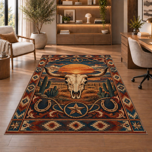 Desert Sunset Skull Rug shown beside a lounge chair and wooden shelving