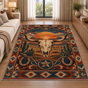 Desert Sunset Skull Rug shown beside a sofa in a bright living room