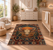 Desert Sunset Skull Rug shown in a sunlit nursery beside a white cot
