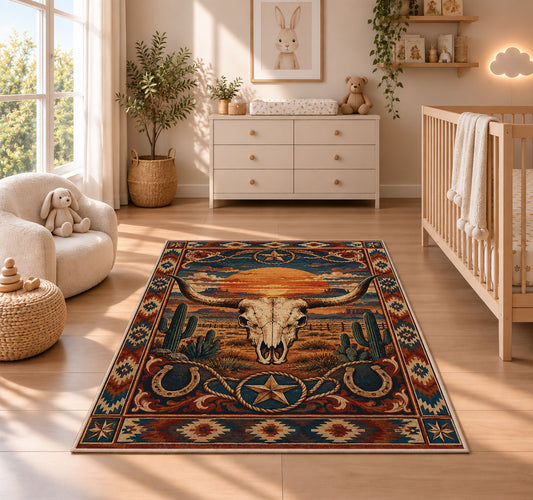 Desert Sunset Skull Rug shown in a sunlit nursery beside a white cot