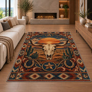 Desert Sunset Skull Rug shown in a living room with a fireplace