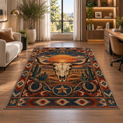 Desert Sunset Skull Rug shown near large windows and a sofa
