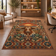 Longhorn Sunset Floral Rug shown beside a lounge chair and wooden shelves