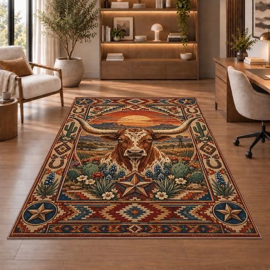 Longhorn Sunset Floral Rug shown beside a lounge chair and wooden shelves