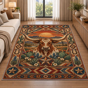 Longhorn Sunset Floral Rug shown beside a sofa in a bright living room