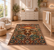 Longhorn Sunset Floral Rug shown in a sunlit nursery beside a white cot
