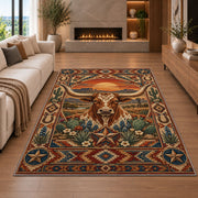 Longhorn Sunset Floral Rug shown in a living room with a fireplace