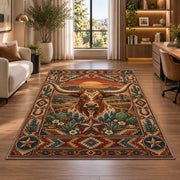 Longhorn Sunset Floral Rug shown near large windows and a sofa