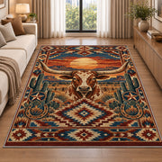 Longhorn Desert Diamond Rug shown beside a sofa in a bright living room