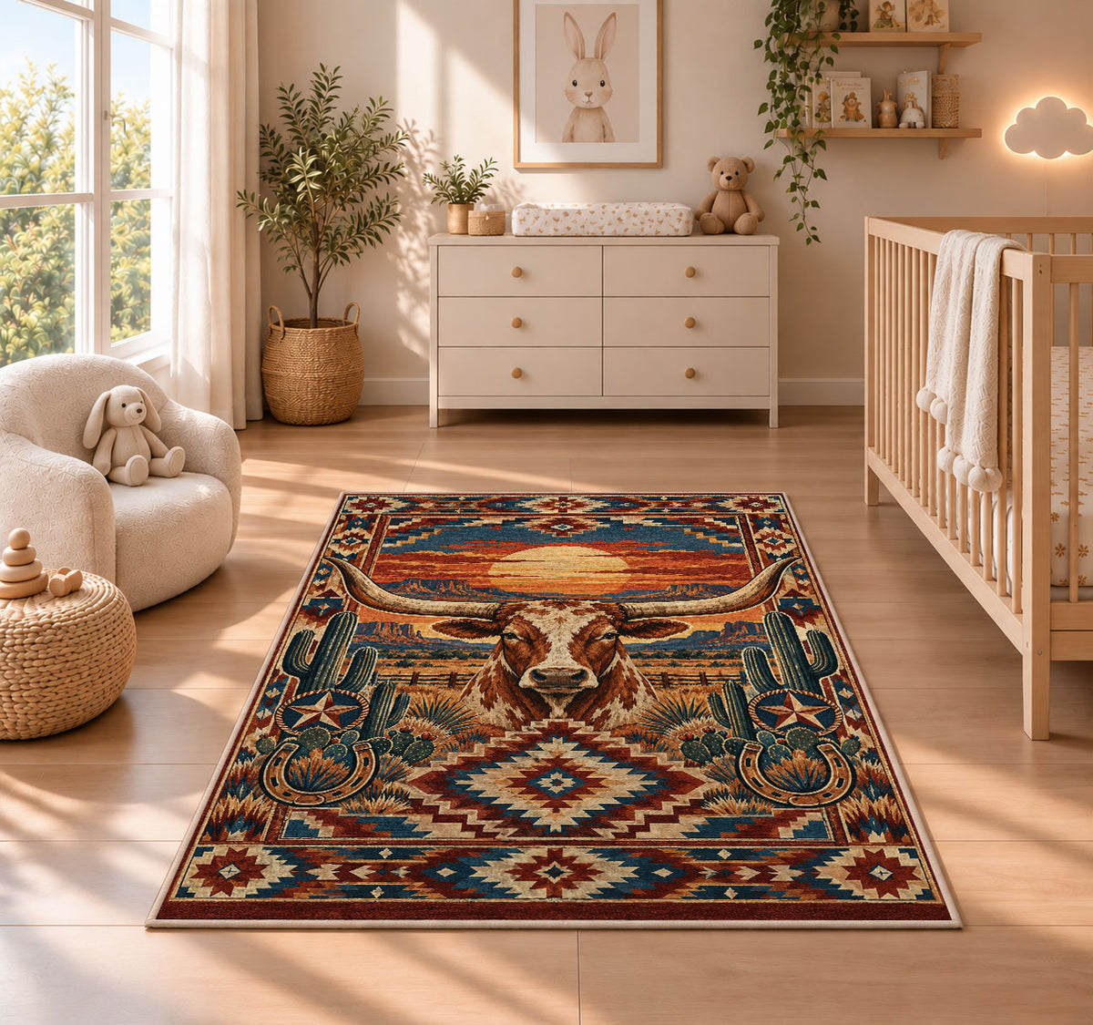 Longhorn Desert Diamond Rug shown in a sunlit nursery beside a white cot