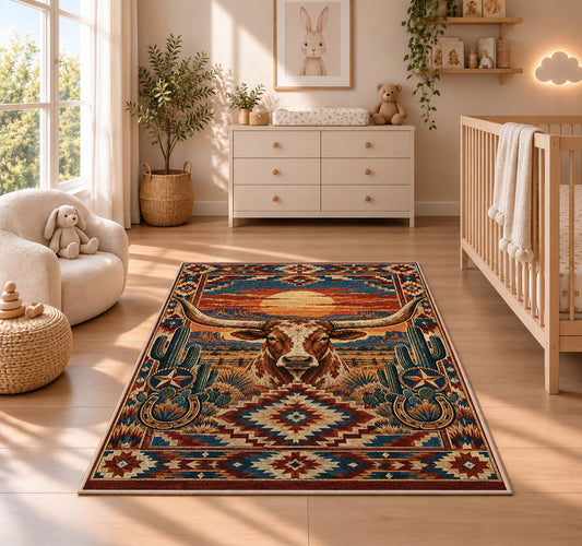 Longhorn Desert Diamond Rug shown in a sunlit nursery beside a white cot