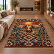 Longhorn Desert Diamond Rug shown in a living room with a fireplace