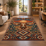 Longhorn Desert Diamond Rug shown near large windows and a sofa