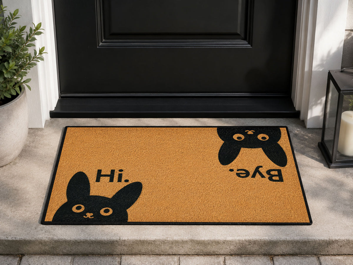 Suupia Hi Bye Black Cat doormat, styled product view 1